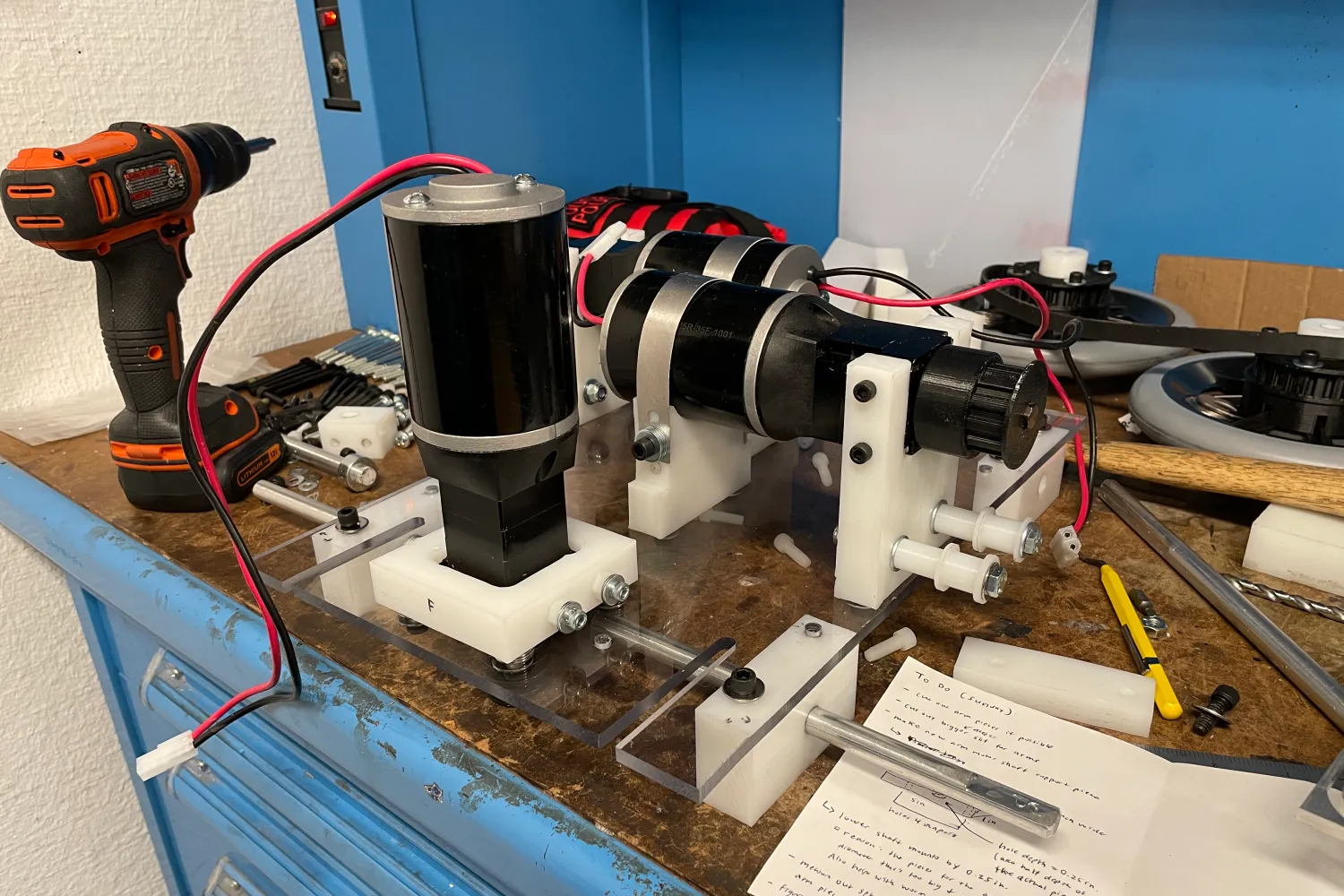 Assembly of the lift and drive motors before the wheels were placed on