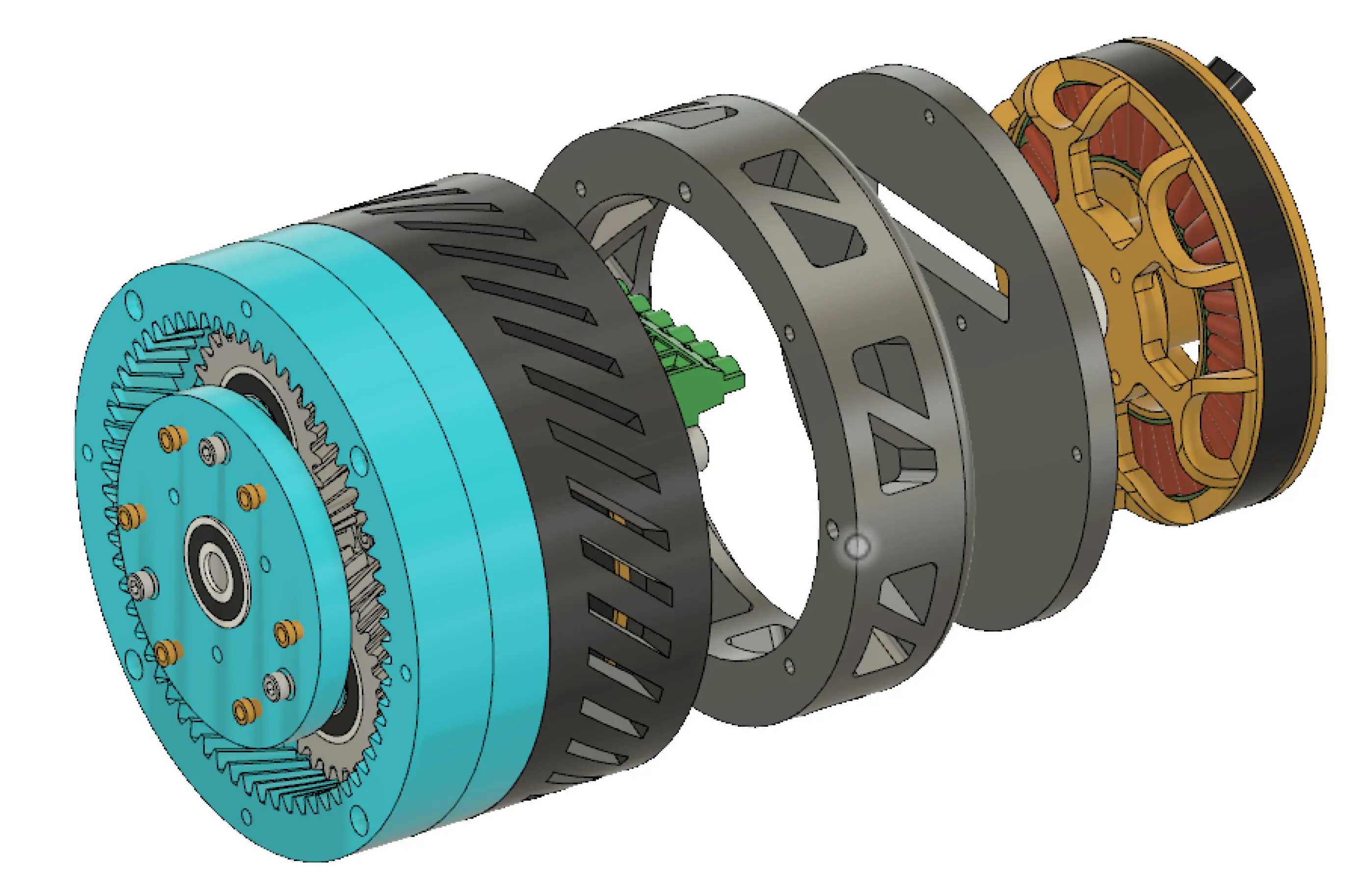 Redesigned actuator housing, angled exploded view