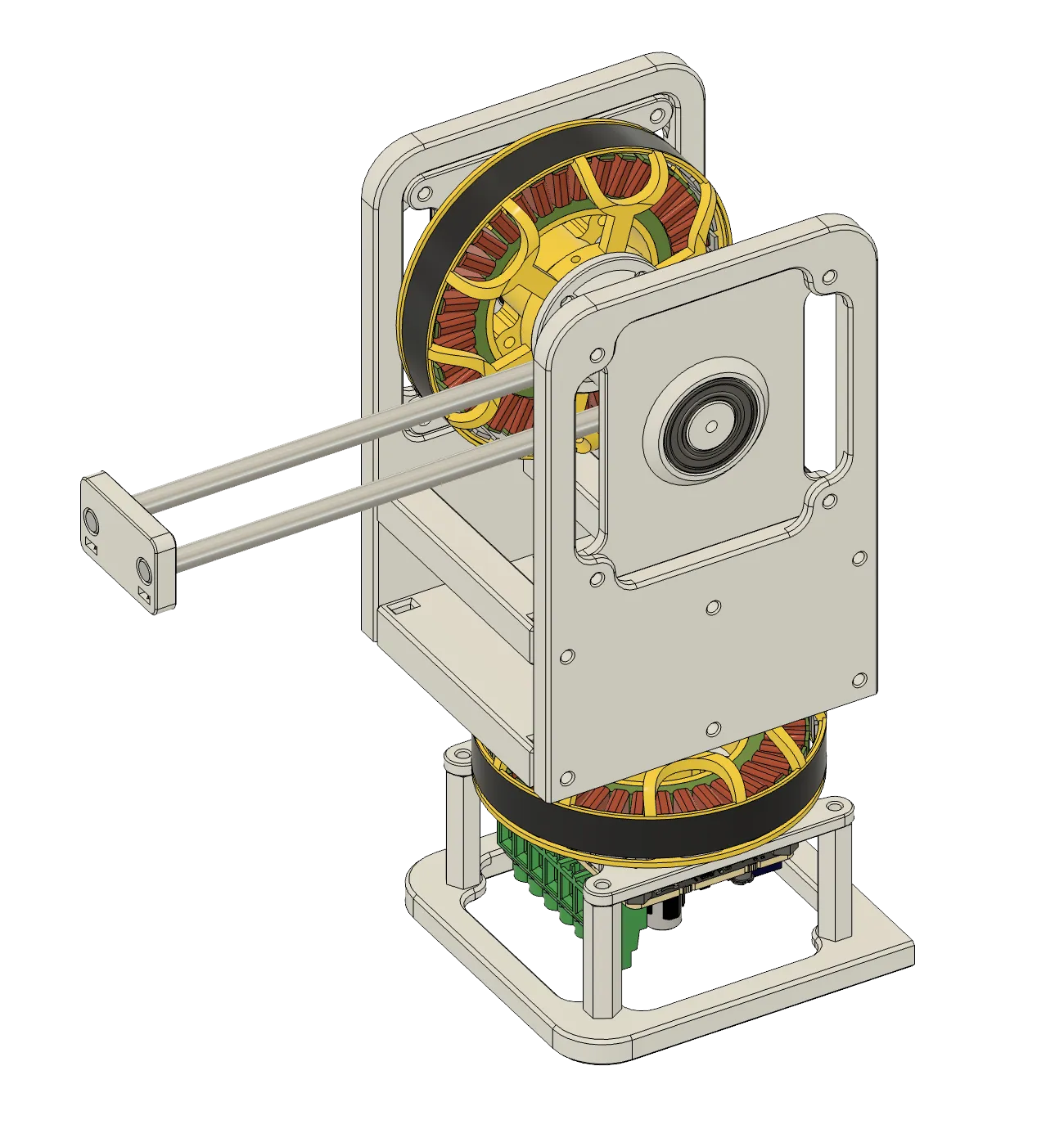 The current launch mechanism (v3): pan motor at the base, launch motor on top, and a twin aluminum-rail arm