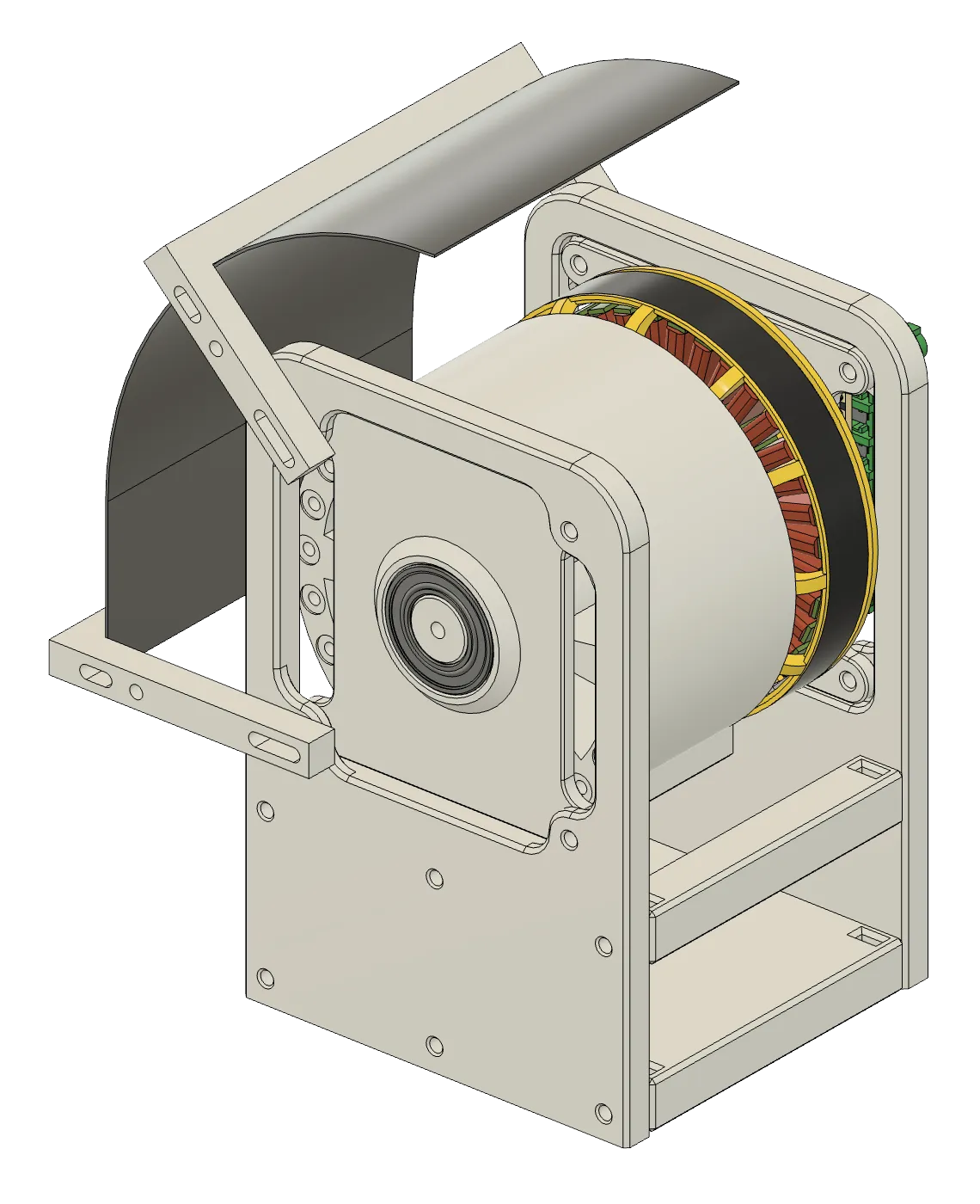 Launch mechanism v3b CAD, with the flywheel and hood