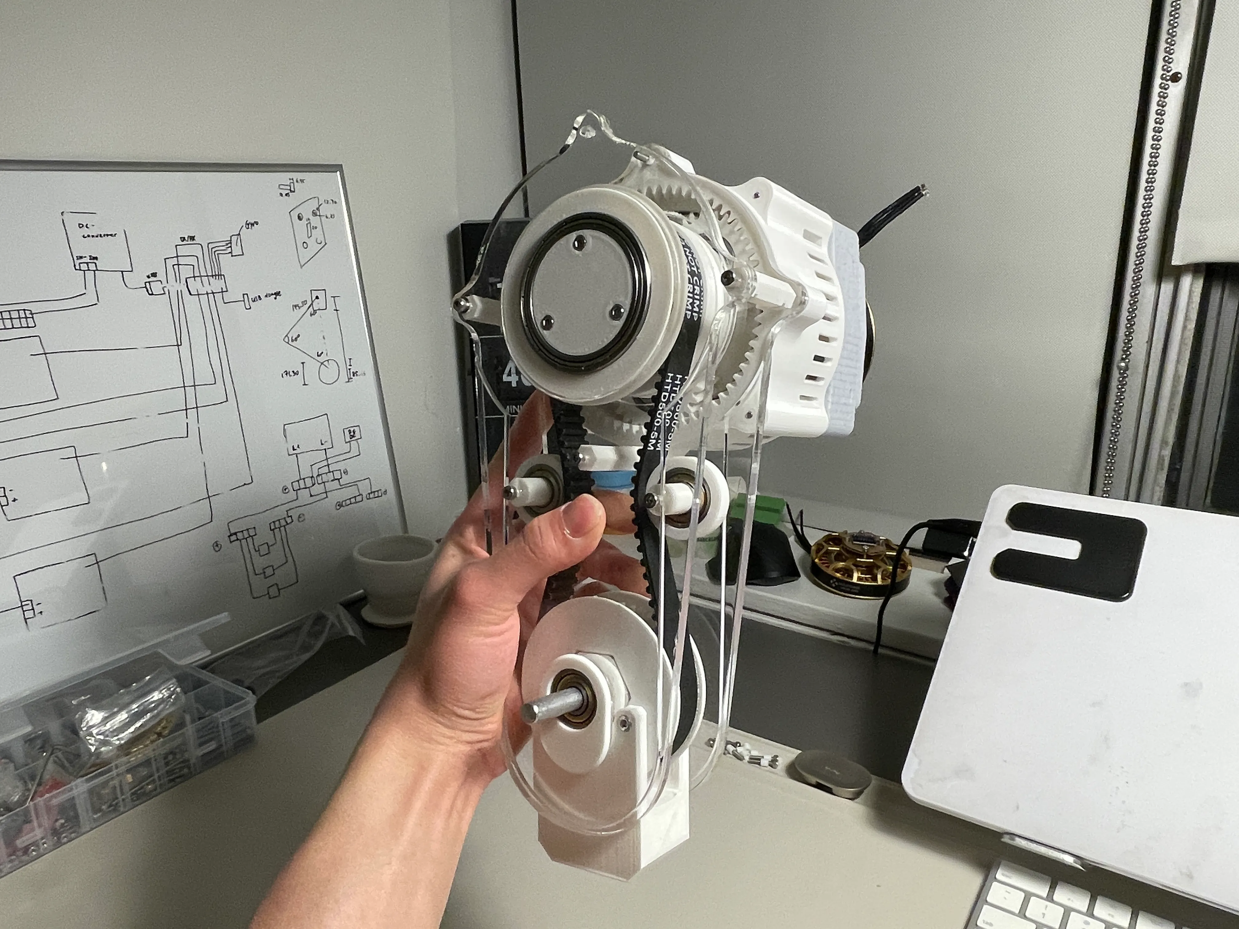 First full assembly of knee joint with belt drive