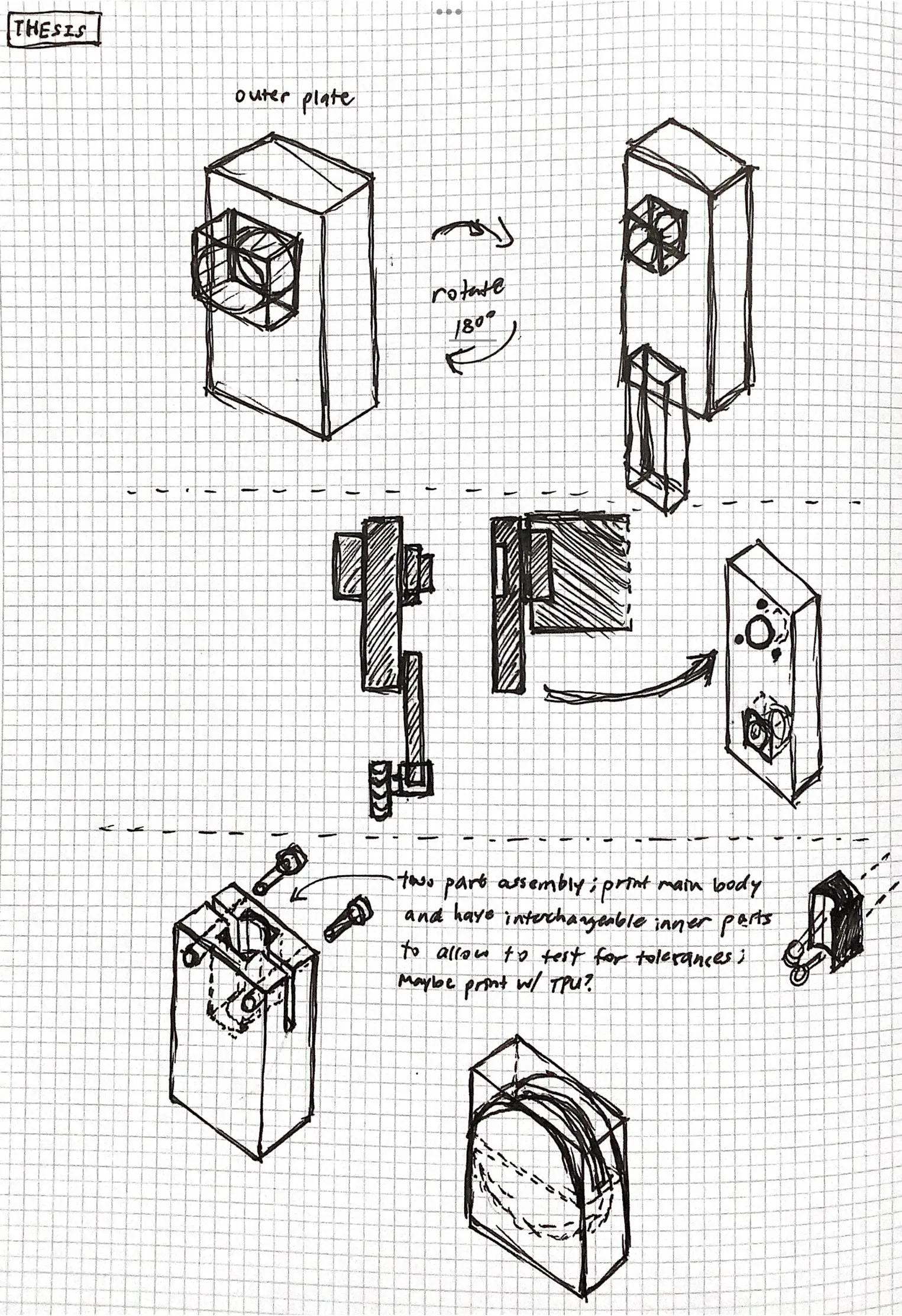 Initial sketch of knee linkage (top) and foot mount (bottom)