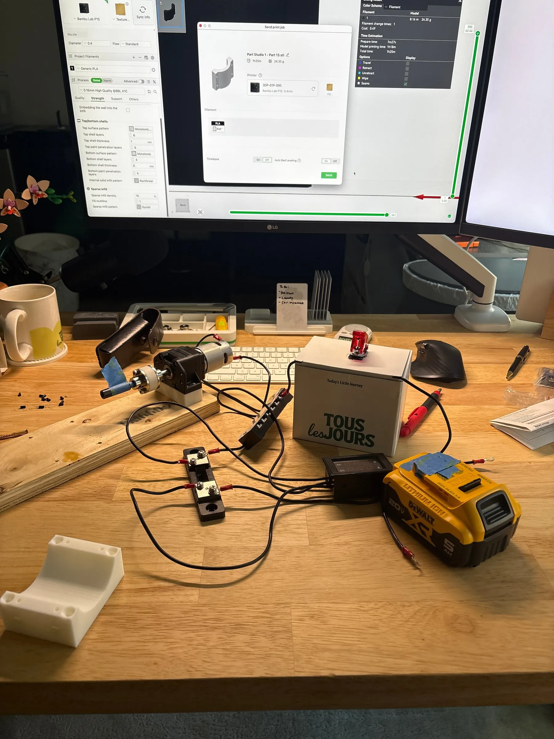 Test bench: DeWalt 20V battery, inline shunt ammeter, and the motor